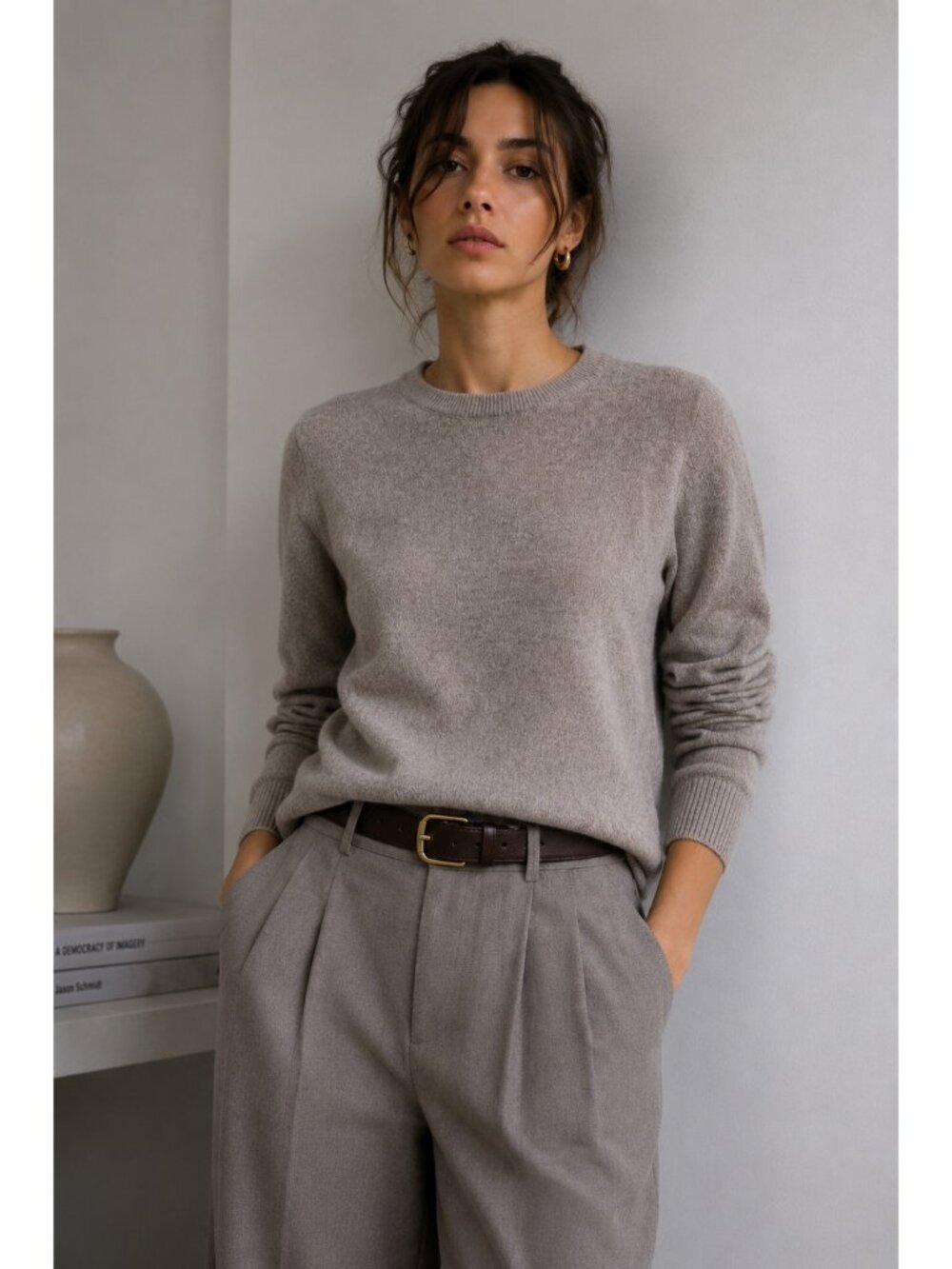 by Bloomingdale's 100% 2-Ply Cashmere Sweater Women's L Beige Crew Neck Pullover